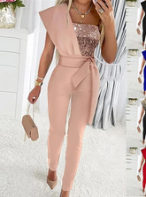 Graceful One-Shoulder Dusty Rose Sequins Jump Suit